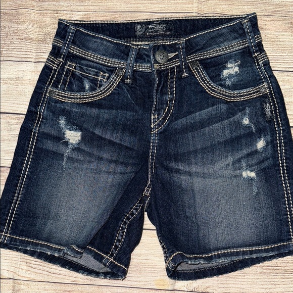 Silver Dark Blue Distressed Denim Shorts - Picture 1 of 7
